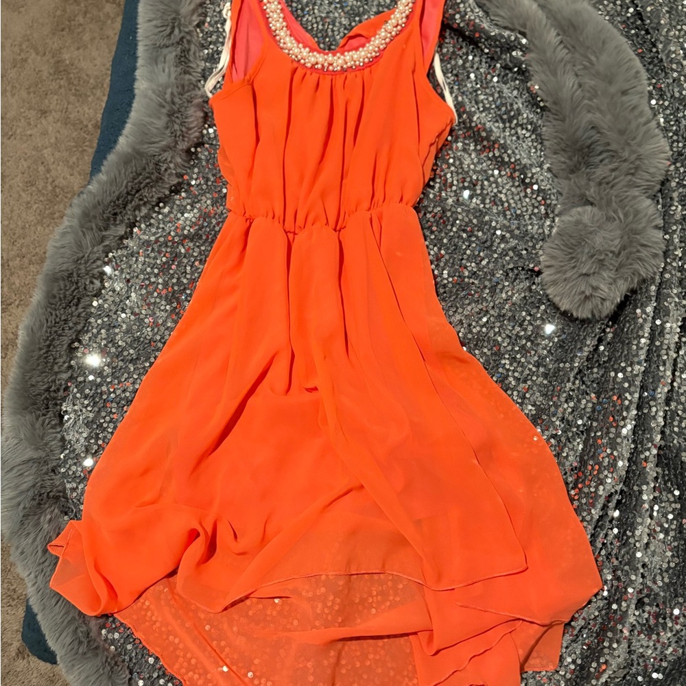Chic Coral Orange  Sleeveless Dress with Pearl Detail ( needs to be fixed )